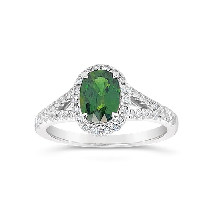 Irisa by Martin Binder Green Sapphire & Diamond Open Shoulder Ring