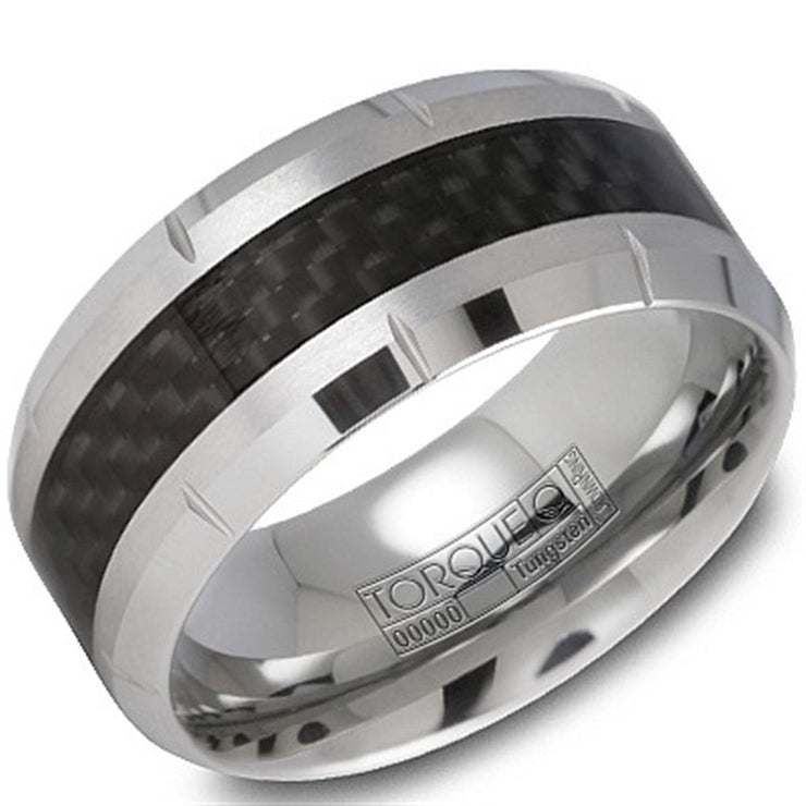 Crown Ring Torque White Tungsten & Black Carbon Fiber 10mm Wedding Band