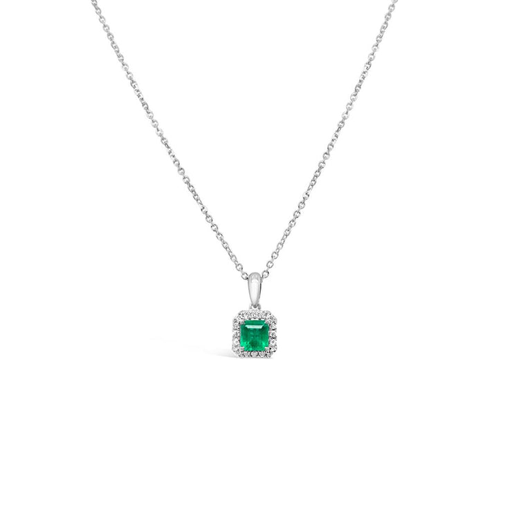 Irisa by Martin Binder Emerald & Diamond Square Halo Pendant Necklace