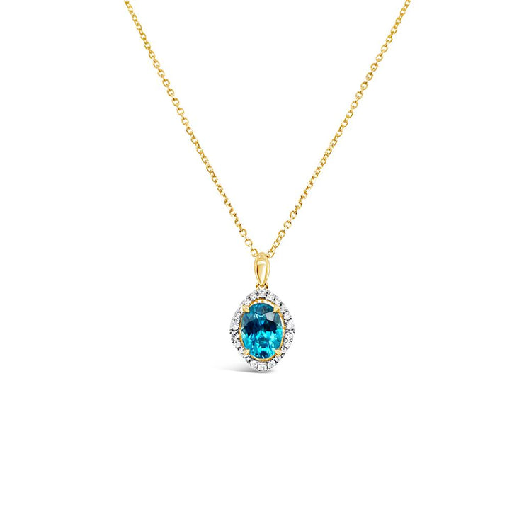 Irisa by Martin Binder Blue Zircon & Diamond Oval Halo Necklace