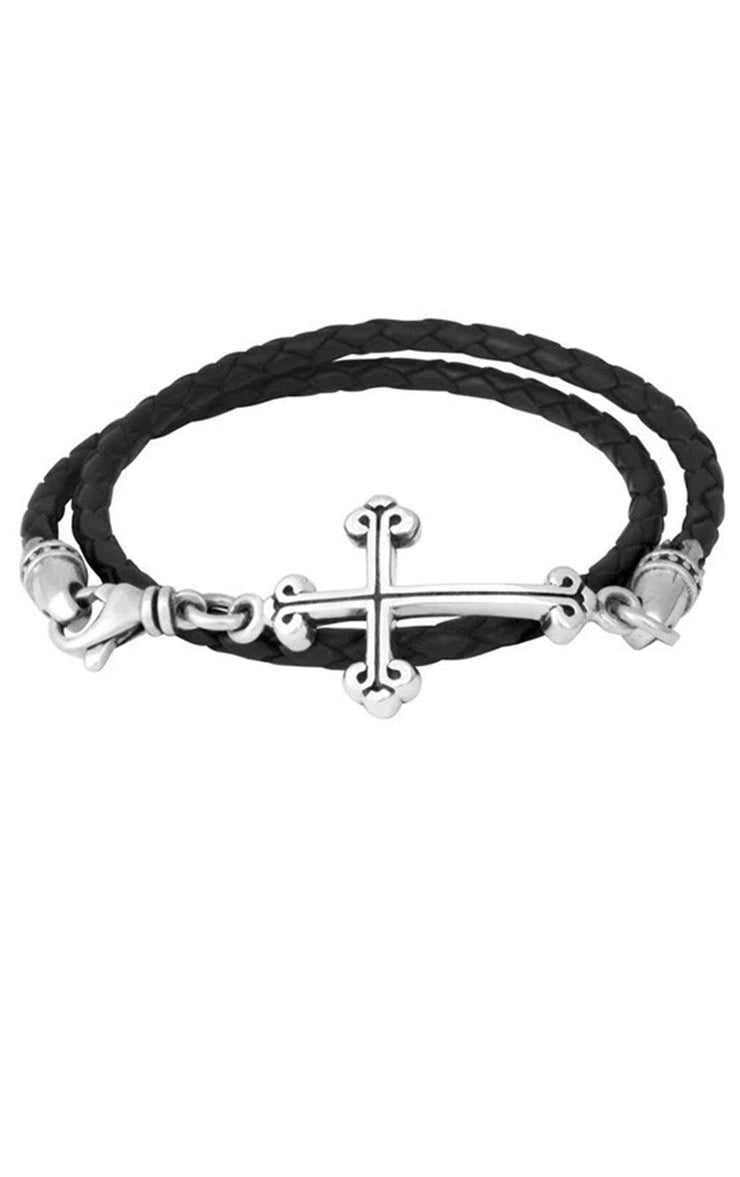 King Baby Thin Braided Leather Traditional Cross Double Wrap Bracelet