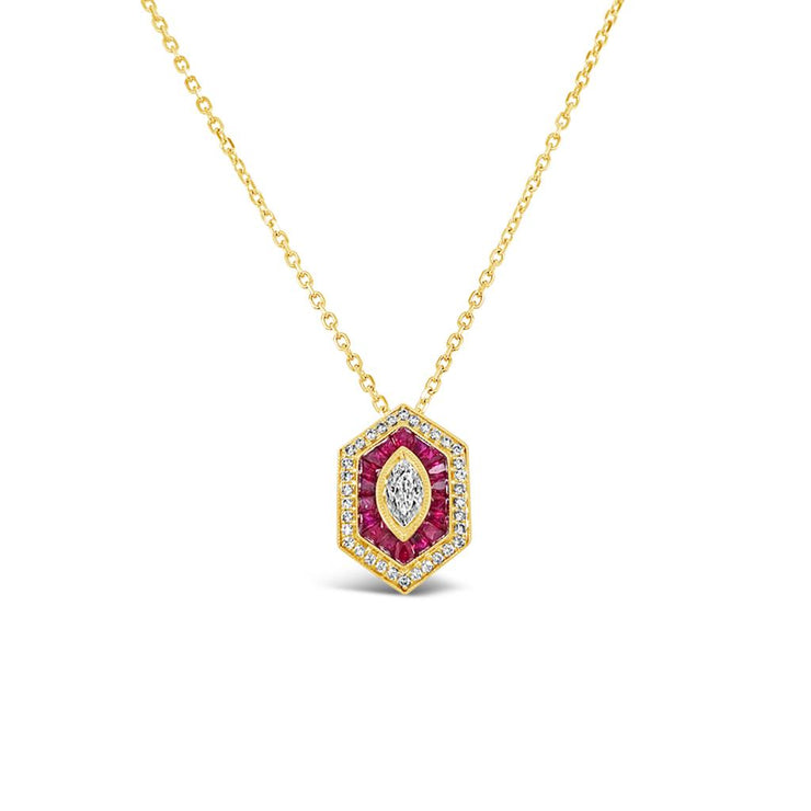 Irisa by Martin Binder Ornate Ruby & Diamond Double Halo Pendant