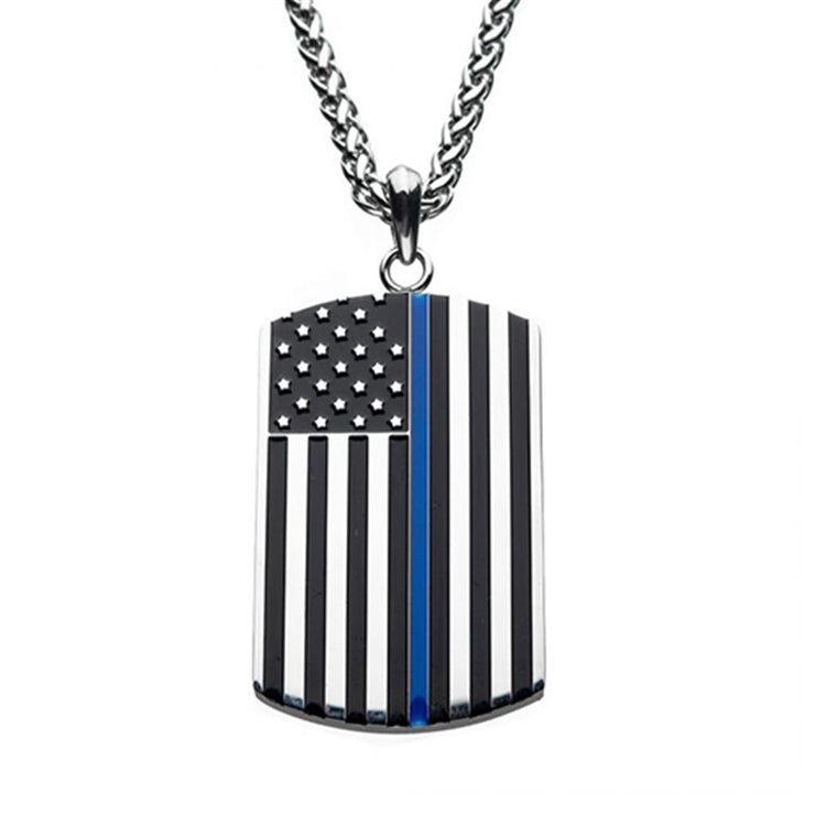 INOX Thin Blue Line American Flag Dog Tag Pendant Necklace